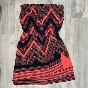 Express Strapless Chevron Dress - Black and Coral